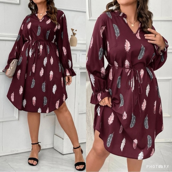 Dresses & Skirts - Boho Plus Size Feather Print Flounce Long  Sleeve Dress